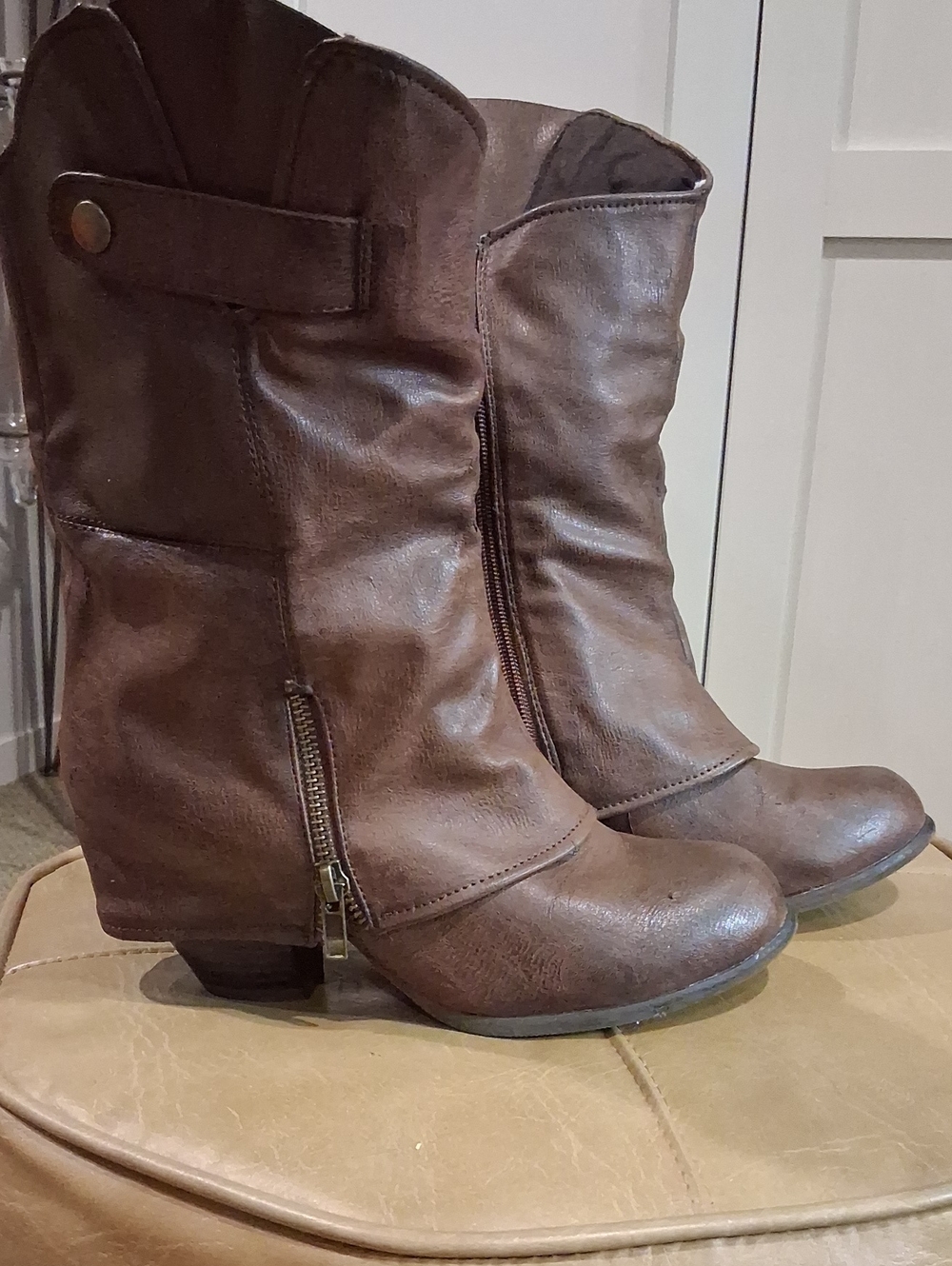 Women's Western BIKER Brown Mid-Calf Zip Booties